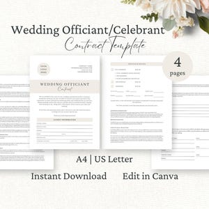 Op de afbeelding: Een vierpagina contracttemplate voor trouwambtenaren en celebranten in A4- en US Letter-formaat. Het document heeft een overzichtelijke lay-out met secties voor klantinformatie, diensten, prijzen en voorwaarden, ontworpen voor bewerking in Canva.
