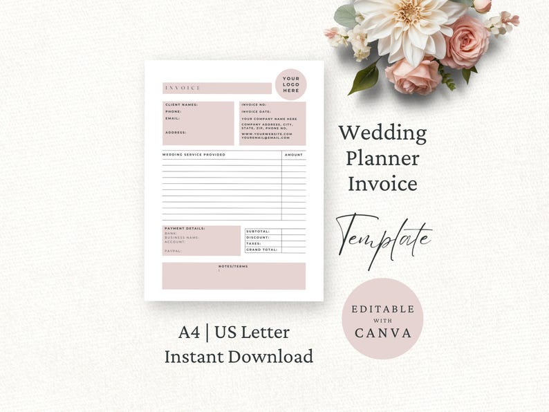 Wedding Planner Invoice Canva Template, Event Planner Order Form, Editable Invoice, Wedding Coordinator Receipt Form, Pink, WP1 image 1