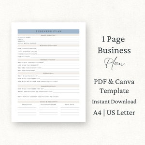 1 Page Business Plan Template Canva, PDF, Business Plan Printable, Marketing Plan, Small Business Start-up Plan, Side Hustle Planner,