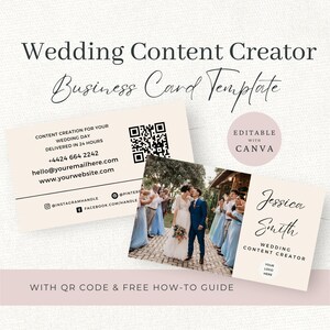 May include: A wedding content creator business card template featuring a cream background with black text. The design includes a QR code, contact details, social media icons, and a photograph of a wedding couple. It is editable with Canva.