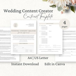 Contract voor makers van bruiloftscontent, servicesovereenkomst voor contentmakers, bewerkbare canva-sjabloon, maker van content voor sociale media, CC1