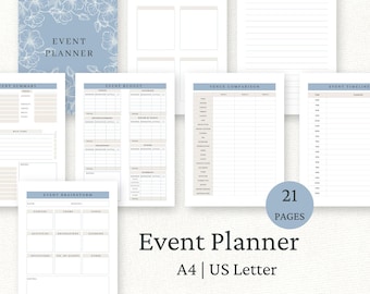 Printable Event Planner, Budget Tracker, Party Organiser, Guest List, Party Checklist, Wedding Planner, Instant Download, Floral, Blue