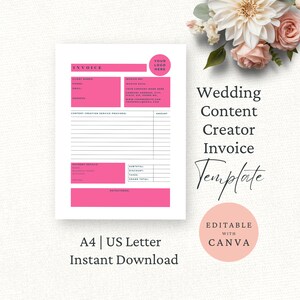 Wedding Content Creator Invoice, Canva Template, Event Planner Order Form, Editable Invoice, Wedding Coordinator Receipt Form, Hot Pink, CC1