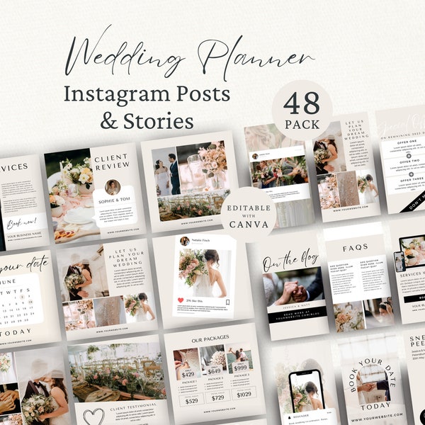 Wedding Planner Instagram Posts, Event Planner Social Media Template, Instagram Stories, Editable Canva Template, Wedding Planning Marketing