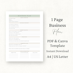 1 Page Business Plan Template Canva, PDF, Business Plan Printable, Small Business Start-up Plan, Side Hustle Planner, Marketing Plan,