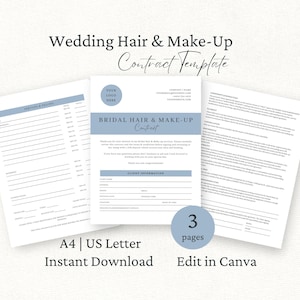 Può includere: Un modello di contratto per acconciature e trucco da sposa di tre pagine nei formati A4 e US Letter. Il documento presenta intestazioni blu, campi di testo per le informazioni sul cliente, servizi, prezzi e termini legali, con segnaposto.