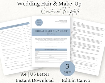 Modello di contratto per truccatore e parrucchiere da sposa, accordo per servizi di truccatore/parrucchiere per la sposa, modello Canva modificabile, moduli per trucco e acconciatura della sposa, termini e condizioni
