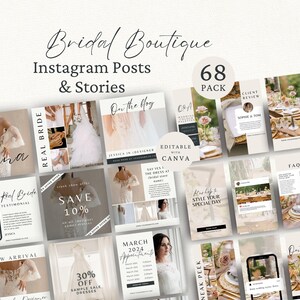 May include: A collection of 68 editable social media templates for a bridal boutique, featuring various layouts for Instagram posts and stories. The designs include text such as Bridal Boutique, Real Bride, Save 10%, and March 2024 Appointments.
