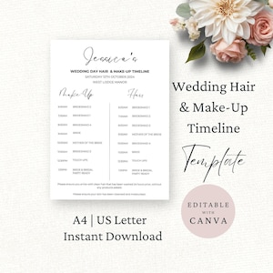 May include: A white wedding day hair and make-up timeline template featuring black text on a rectangular sheet. The document lists schedules for bridesmaids, the bride, and mother of the bride, with floral accents in the top right corner.