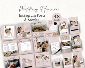 May include: A collection of 48 editable wedding planner Instagram posts and stories templates in a soft pink color palette. The designs feature various layouts for photos, text, and calendars with the text Wedding Planner, 48 Pack, and Editable with Canva.