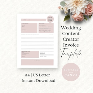Pode incluir: Um modelo de fatura para criador de conteúdo de casamento com layout em rosa claro e branco, incluindo campos para detalhes do cliente, serviços e informações de pagamento. O documento contém o texto Wedding Content Creator Invoice Template.