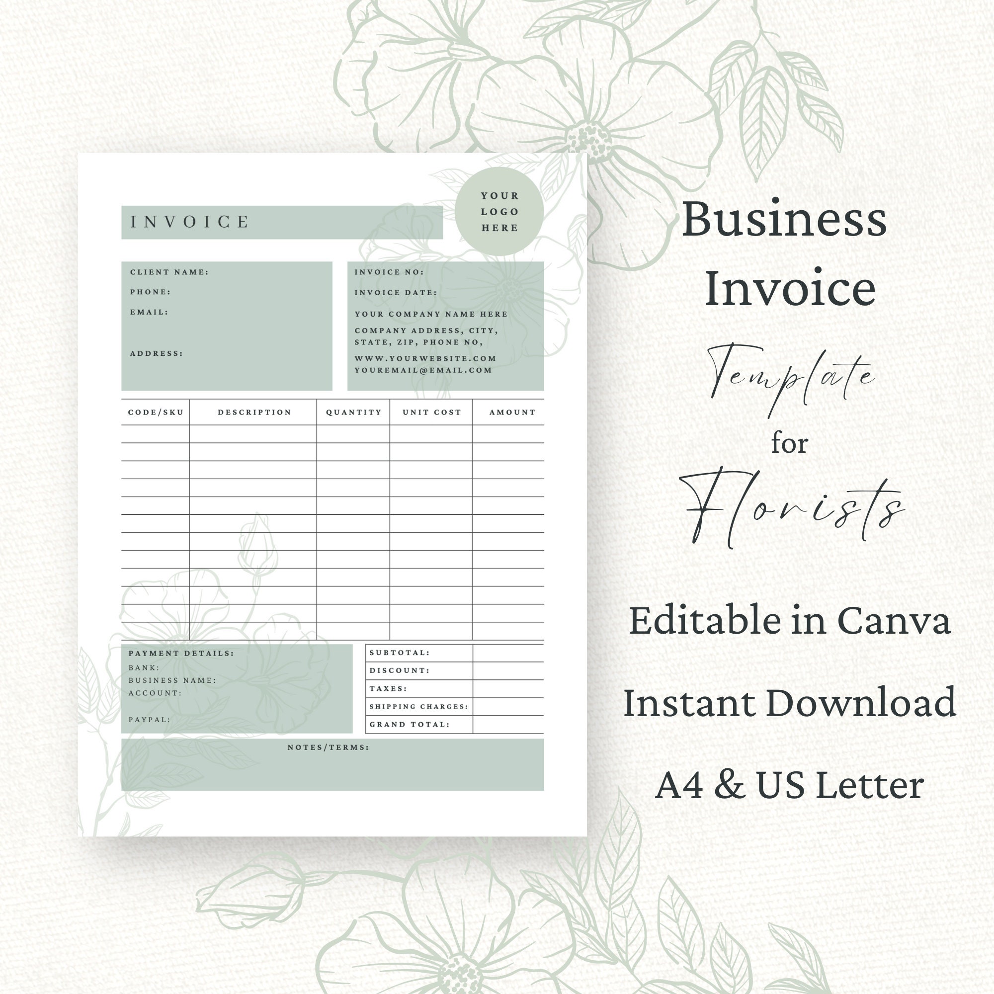 Florist Invoice Canva Template, Wedding Florist Order Form, Editable Florist Invoice Canva Template, Wedding Florist Order Form, Editable