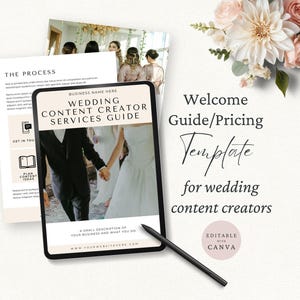 May include: A digital wedding content creator services guide template featuring a tablet display with a couple in formal attire, layered over document pages, a black stylus, and a floral arrangement. Text includes Wedding Content Creator Services Guide.