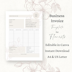 Modèle Canva de facture de fleuriste, facture modifiable de fleuriste, bon de commande de fleuriste de mariage, bon de commande de petite entreprise, formulaire de reçu, floral