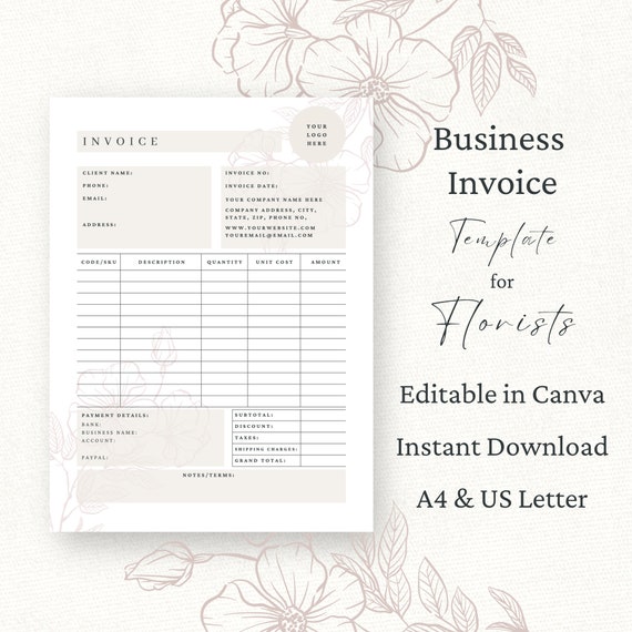 Florist Invoice Canva Template, Editable Flower Shop Invoice, Wedding Florist Order Form, Small Business Order Form, Receipt Form, Floral