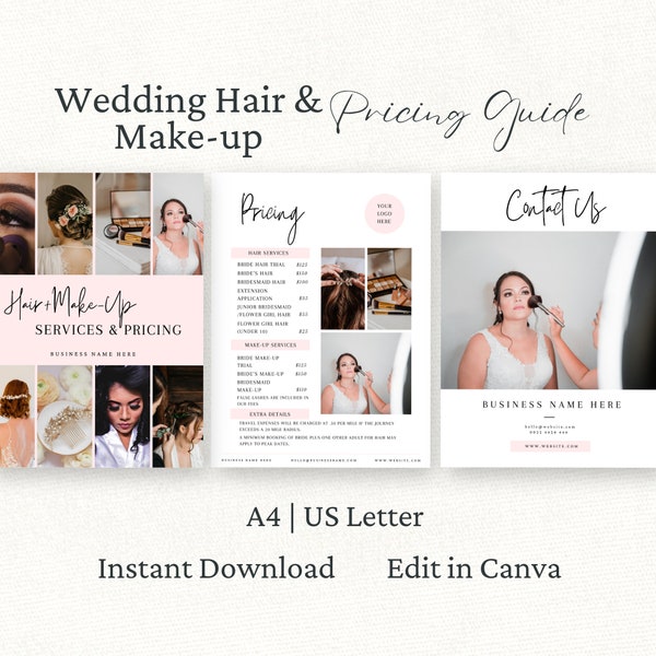 Wedding Makeup and Hair Stylist Pricing Guide, Canva Template, Bridal Beauty Price List, Wedding Pricing Sheet, Editable Marketing Brochure,