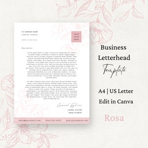 Plantilla Canva de membrete comercial para floristas, membrete personalizado de la empresa, descarga digital instantánea, diseño de marca corporativa, Rosa,