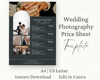 Modello per la definizione dei prezzi dei servizi fotografici per matrimoni, modello Canva, modello di foglio illustrativo per la definizione dei prezzi dei matrimoni, Canva modificabile, brochure di marketing,