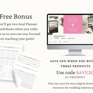 The image is an advertisement for a goal planning service, offering two goal planner worksheets and a free bonus. The goal planners are displayed on a computer monitor, and the text encourages customers to use code to save 20% on any three products. The image also mentions that the store offers digital downloads and resources for wedding industry pros.