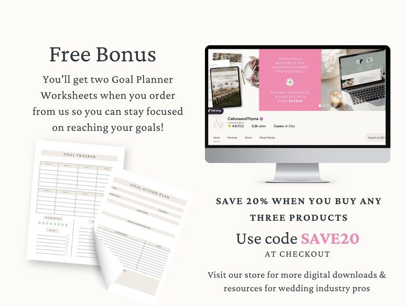 The image is an advertisement for a goal planning service, offering two goal planner worksheets and a free bonus. The goal planners are displayed on a computer monitor, and the text encourages customers to use code to save 20% on any three products. The image also mentions that the store offers digital downloads and resources for wedding industry pros.