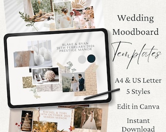May include: A digital tablet displays a wedding moodboard template featuring photos of cakes, shoes, and couples, with text reading Blake & Ryan 28th February 2024 Prestige Manor. The screen shows color swatches and a stylus rests on the tablet surface.