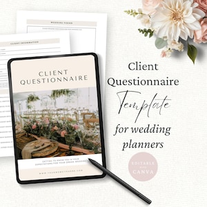 May include: A digital tablet displaying a client questionnaire template for wedding planners, featuring a photo of a decorated reception table. Behind the tablet are two printed pages of the form. A black stylus rests on the tablet screen.
