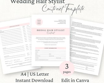 Bridal Contract Template for Hair, Wedding Hair Services Agreement, Editable Canva Template, Freelance Hairstylist Forms, Client Waiver
