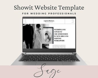 May include: A laptop screen displaying a Showit website template for wedding professionals. The site features the text capturedbykate, wedding day content creator based in new Orleans serving worldwide, and the word Sage in script.