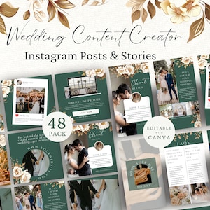 Wedding Content Creator Instagram Posts and Stories, Social Media Creator, Editable Canva Template, Wedding Marketing, Green, Gold, CC1
