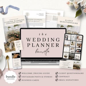 May include: A digital wedding planner bundle featuring a laptop displaying the text 'the WEDDING PLANNER bundle', a tablet with social media templates, printed documents including a services guide and client questionnaire, business cards, and a napkin.