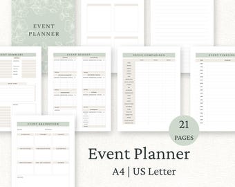 Printable Event Planner Organiser, Party Planner, Budget Tracker, Wedding Planner, Guest List, Party Checklist, Instant Download, Green