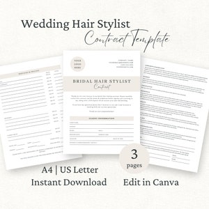 Wedding Hair Contract Template, Bridal Hair Services Agreement, Editable Canva Template, Freelance Hairstylist Forms, Bride Hair T&Cs,