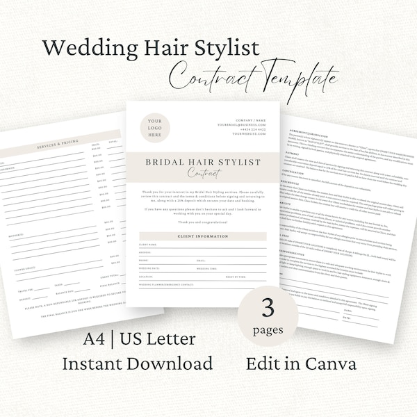 Wedding Hair Contract Template, Bridal Hair Services Agreement, Editable Canva Template, Freelance Hairstylist Forms, Bride Hair T&Cs,