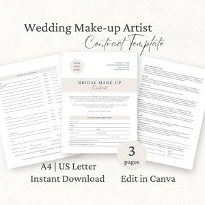 Op de afbeelding: Een driepaginalange contracttemplate voor bruidsvisagisten in zwart-wit met beige accenten. Het document bevat secties voor diensten, prijzen, klantinformatie en juridische voorwaarden. Tekst bevat "Wedding Make-up Artist Contract Template" en "A4 | US Letter".