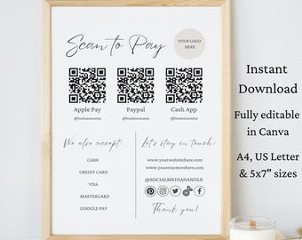 Scan to Pay Sign, QR Code Business Sign, Editable Canva Template, Printable Payment Sign, Business Paypal Sign, Venmo, Instant Download