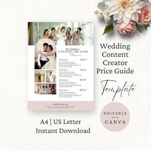 May include: A digital wedding content creator price guide template featuring a collage of wedding photos, text detailing four service packages, and a soft pink footer. The document includes the text Wedding Content Creator Template Editable With Canva.