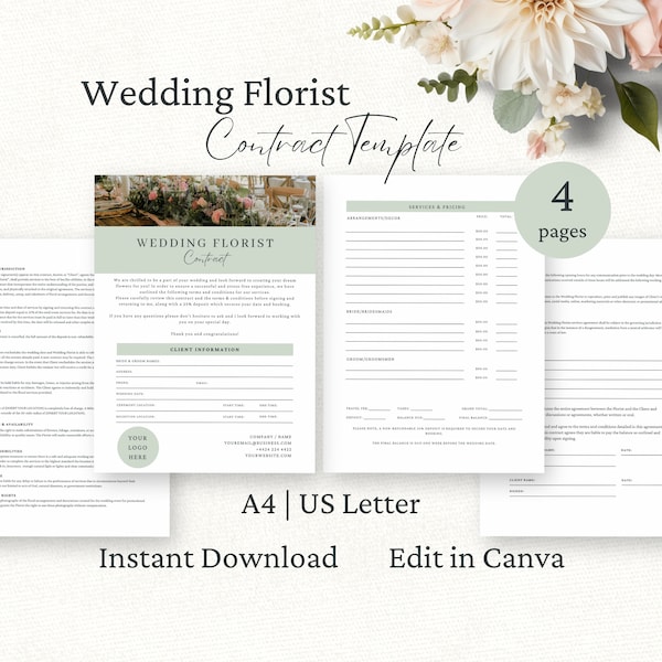 Contrato de floristería de bodas, plantilla de Canva editable, acuerdo de servicios de arreglos florales, formularios de cliente de floristería nupcial para eventos