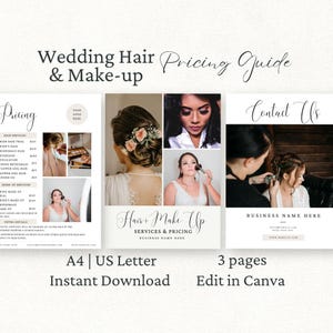 以下が含まれることがあります： Wedding Hair & Make-up、Pricing、Contact Usなどの見出しが付いた、3ページのウェディングヘアメイク料金ガイドテンプレート。ブライダルスタイリング、ヘアアクセサリー、メイクアップの写真を配置するためのプレースホルダーが含まれています。