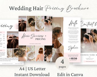 Bridal Hair Stylist Pricing Guide, Canva Template, Wedding Hair Price List, Editable Marketing Brochure, Freelance Hairstylists, Bride Hair