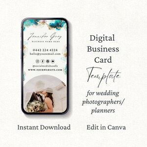 Digital Business Card Template Canva, Wedding Photographer Marketing, Textable Card with Photo, Wedding Vendor Branding, Watercolour Ink,