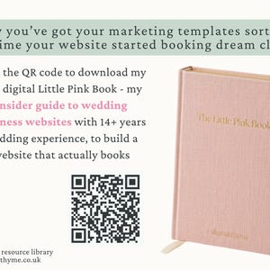 The image is an advertisement for a book called "The Little Pink Book" that provides a guide to building a website that actually books business websites. It features a pink hardcover book, a QR code, and a QR code.