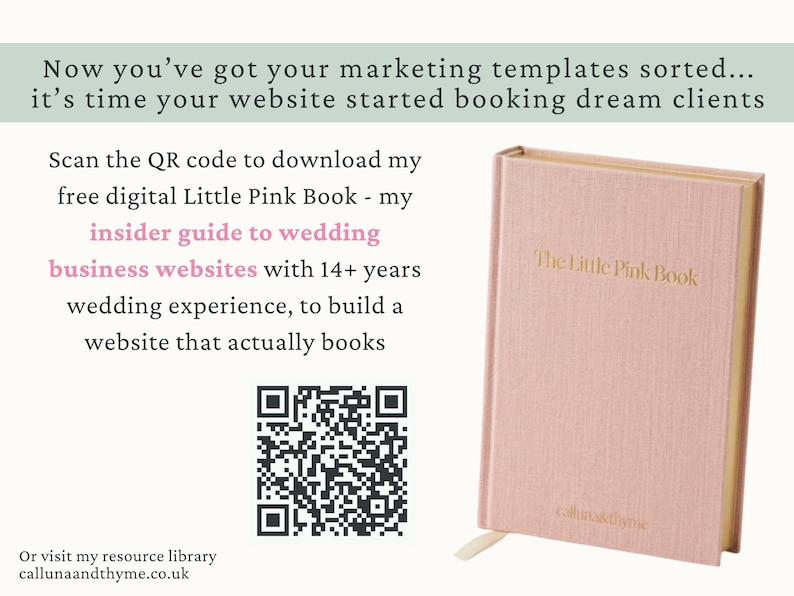 The image is an advertisement for a book called "The Little Pink Book" that provides a guide to building a website that actually books business websites. It features a pink hardcover book, a QR code, and a QR code.