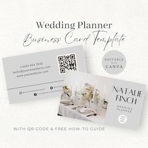 May include: Two light grey business card templates for a wedding planner. One side features a QR code, contact details, and social media icons. The other side displays the name Natalie Finch, the title Wedding Planner, and a placeholder for a logo.