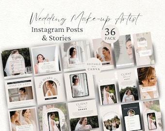 Op de afbeelding: Een digitale collectie van 36 bewerkbare Instagram-post- en story-sjablonen voor een bruidsvisagist. De sjablonen bevatten neutrale beige en witte tinten, elegante typografie en tijdelijke aanduidingen voor bruidsfotografie en tekst.