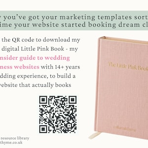 The image is an advertisement for a book called "The Little Pink Book" that provides a guide to building a website that actually books business websites. It features a pink hardcover book, a QR code, and a QR code.