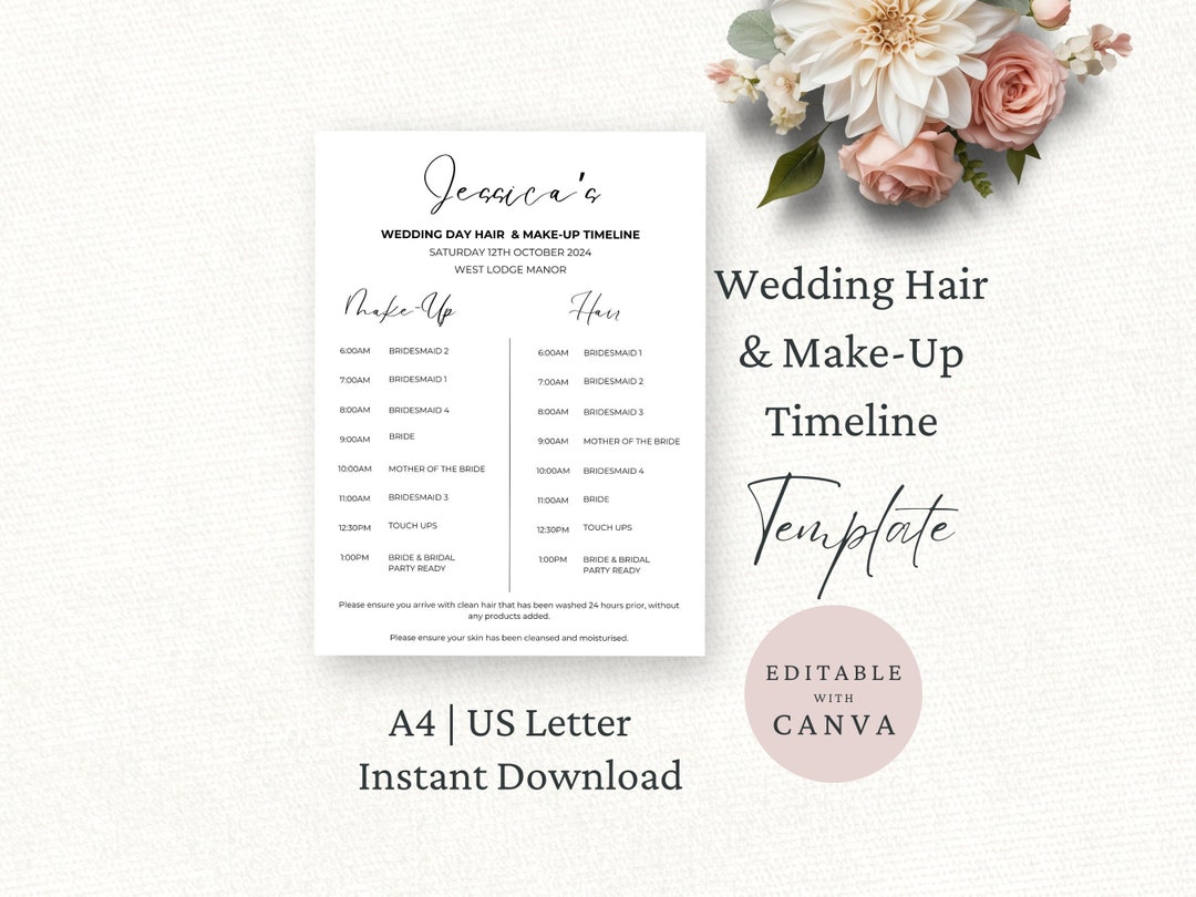 Wedding Hair & Make-up Timeline Template, Bridal Party Hair Itinerary ...