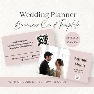 May include: A wedding planner business card template in a soft pink colour. The card features a QR code, contact details, social media icons, and a placeholder for a photo of a couple. Text includes Wedding Planner Business Card Template, Editable with Canva, Natalie Finch, and With QR Code & Free How-To Guide.