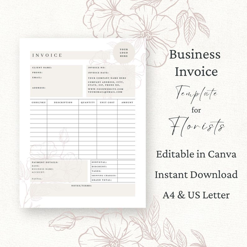 Florist Invoice Canva Template, Editable Flower Shop Invoice, Wedding Florist Order Form, Small Business Order Form, Receipt Form, Floral image 1