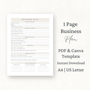 1 Page Business Plan Template Canva, PDF, Small Business Start-up Plan, Side Hustle Planner, Business Plan Printable, Marketing Plan,