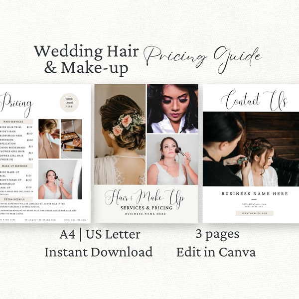 Wedding Hair Stylist Pricing Guide, Canva Template, Bridal Hair Price List, Makeup Price Sheet, Beauty Marketing Brochure, Editable,